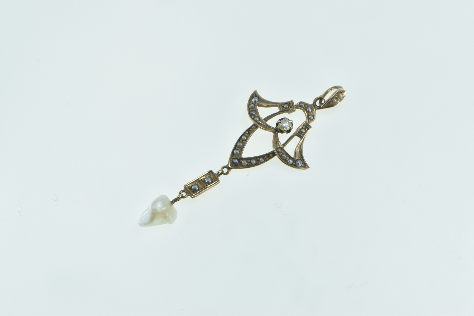 10K Ornate Victorian Seed Pearl Drop Floral Yellow Gold Pendant