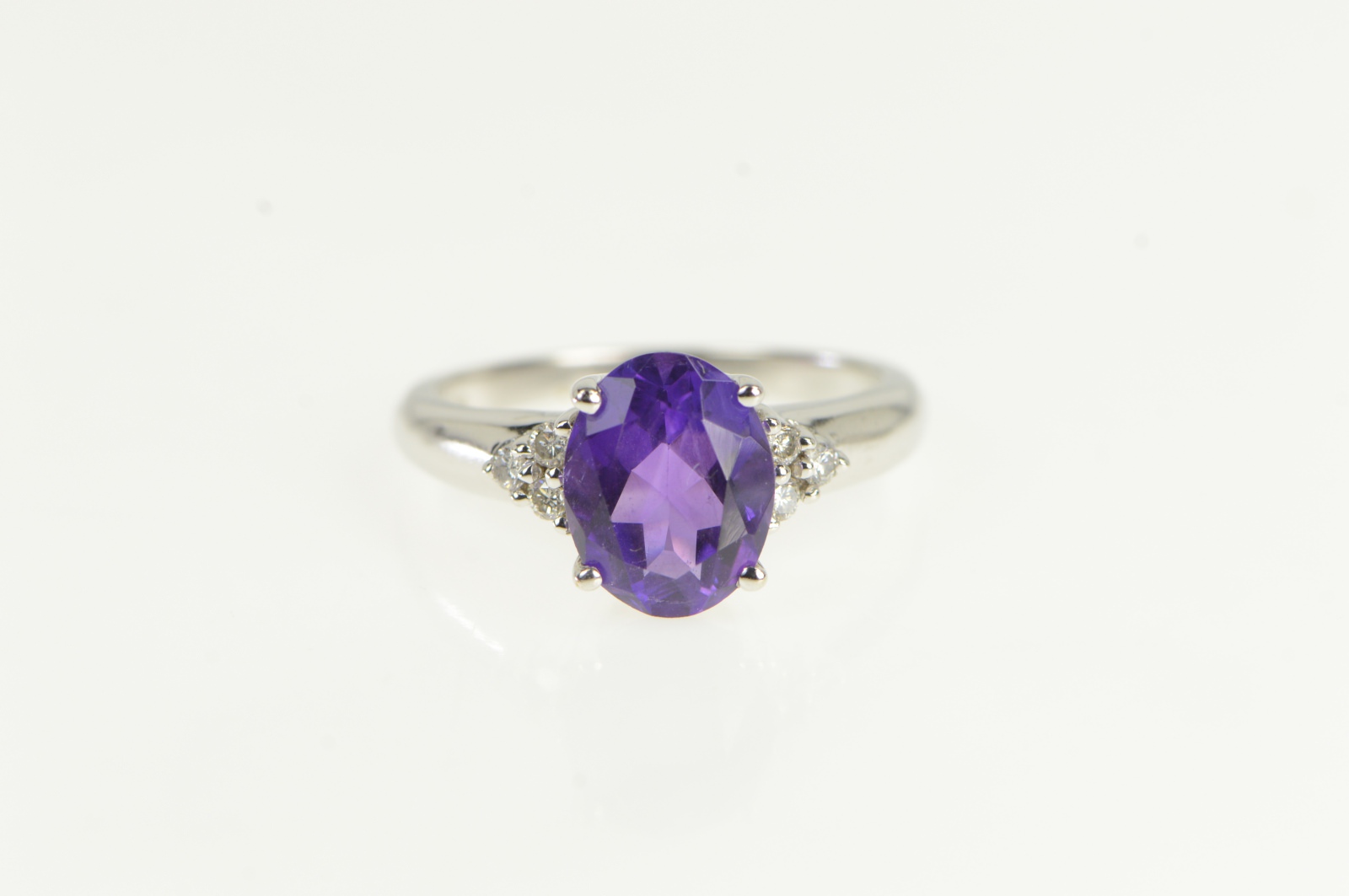 10K Oval Amethyst Diamond Cluster Accent White Gold Ring, Size 7