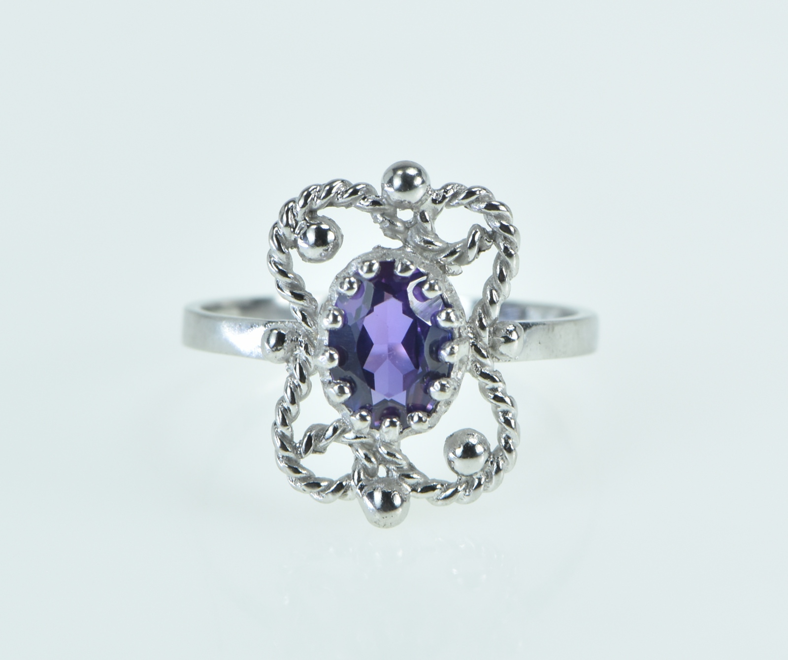 10K Oval Amethyst Filigree Ornate Rope White Gold Ring, Size 5.75