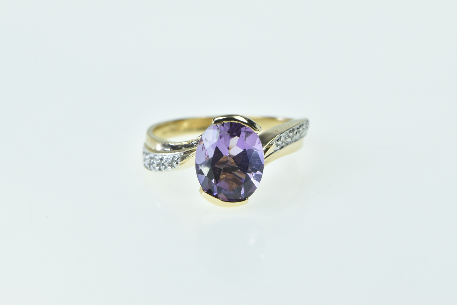 10K Oval Amethyst Wavy Diamond Freeform Yellow Gold Ring, Size 7