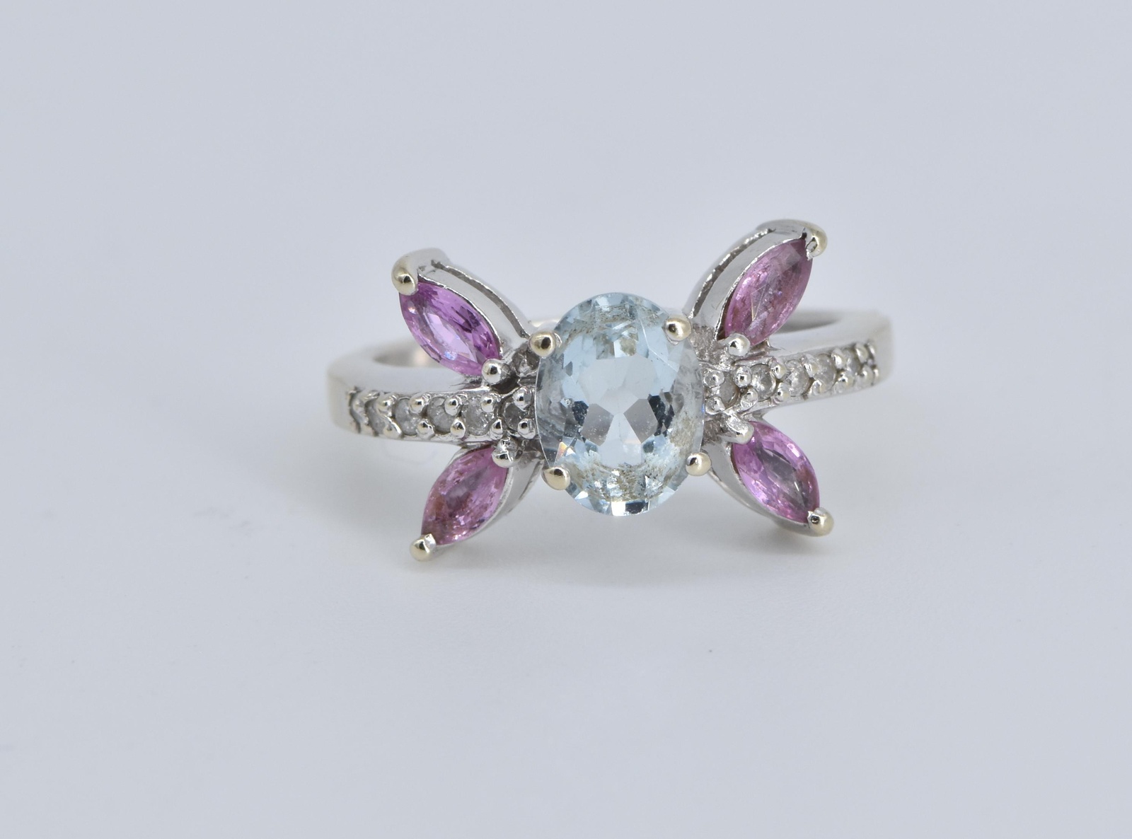 10K Oval Aquamarine Marquise Ruby Diamond White Gold Ring, Size 7