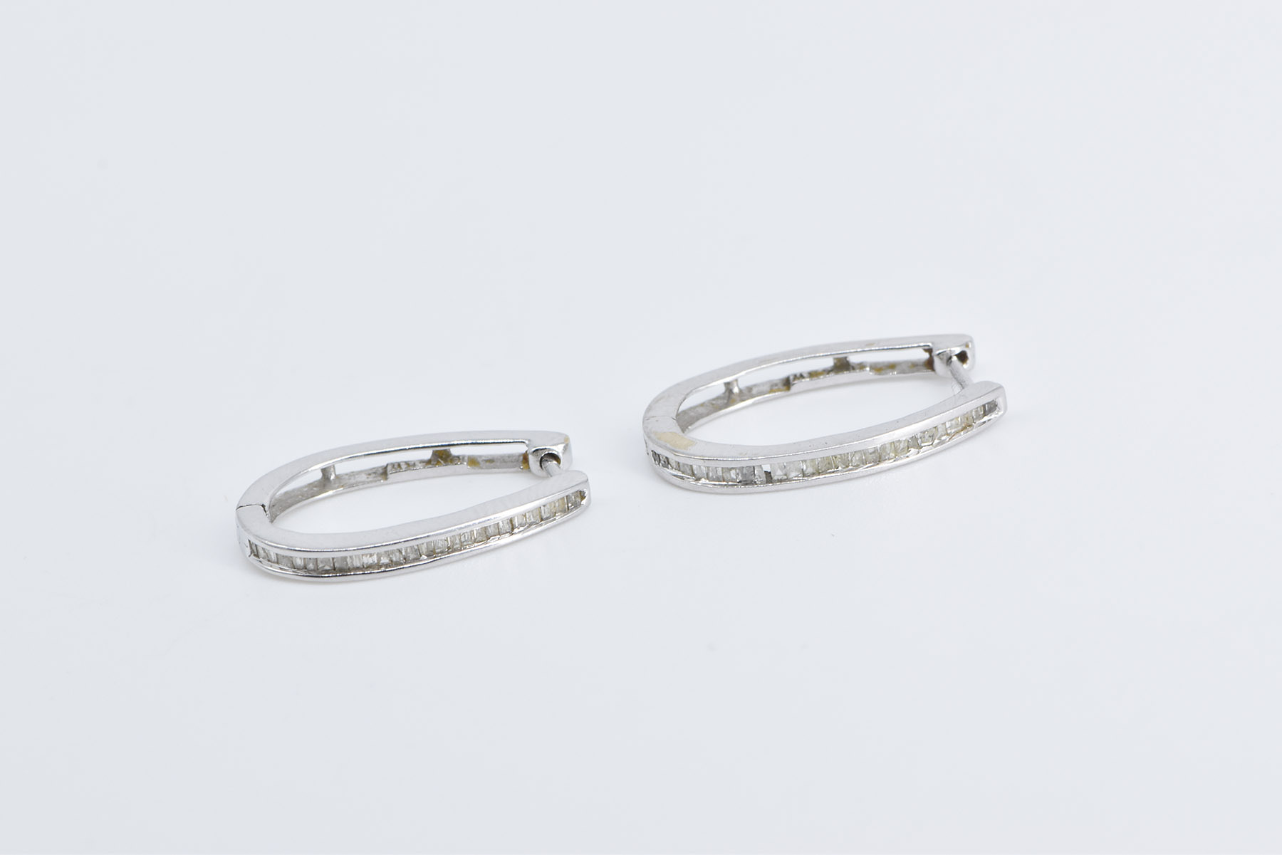 10K Oval Baguette Diamond Hoop 22.6mm White Gold Earrings