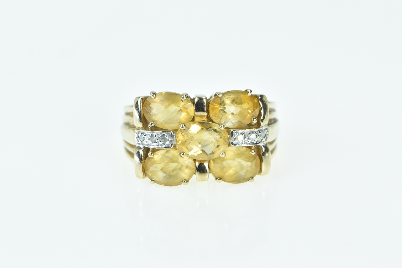 10K Oval Faceted Citrine Diamond Statement Cocktail Yellow Gold Ring, Size 7