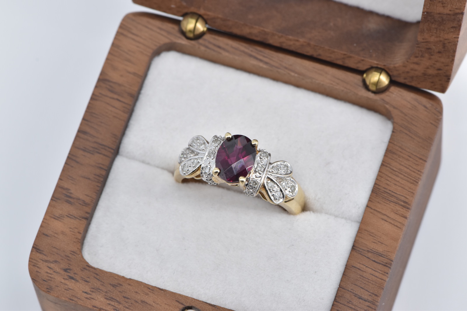 10K Oval Faceted Garnet Diamond Ornate Statement Yellow Gold Ring, Size 8.25
