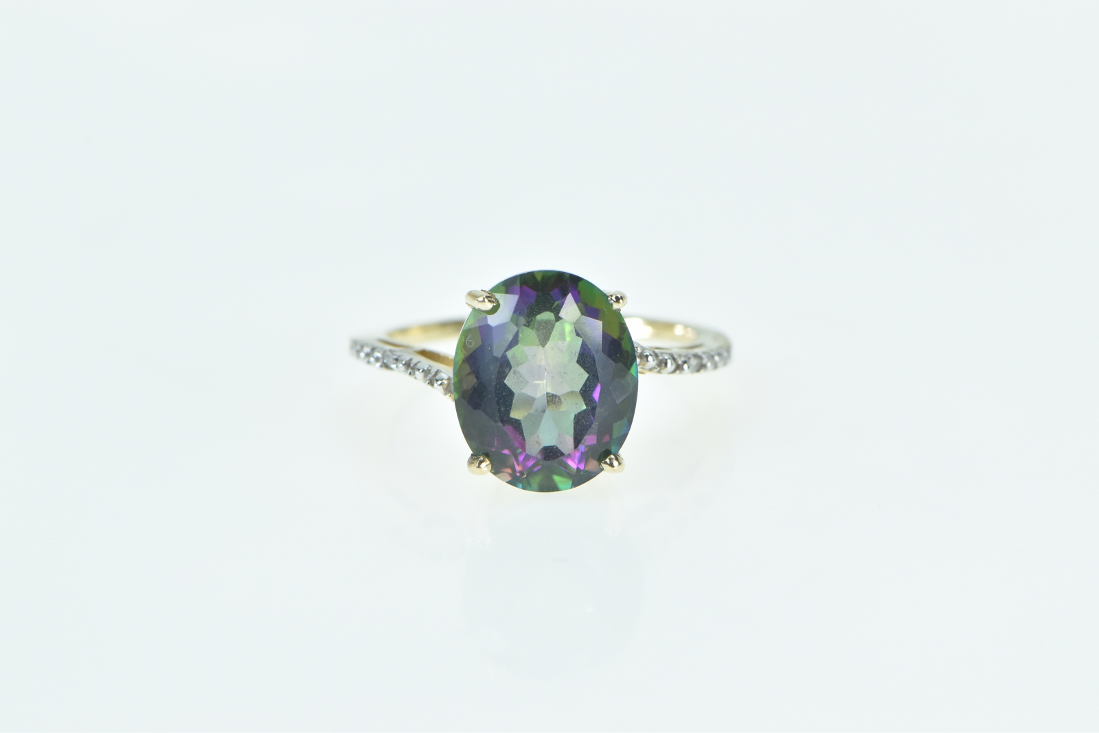 10K Oval Faceted Mystic Topaz Diamond Statement Yellow Gold Ring, Size 7