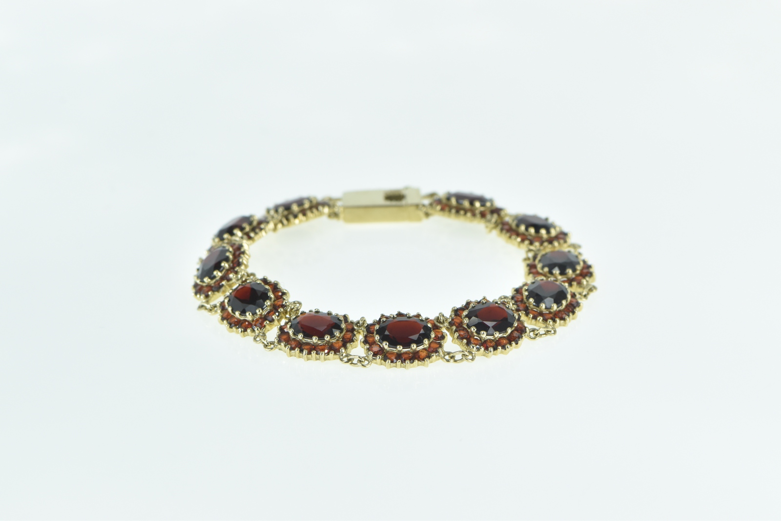 10K Oval Garnet Halo Vintage Cluster Statement Yellow Gold Bracelet 6.75"