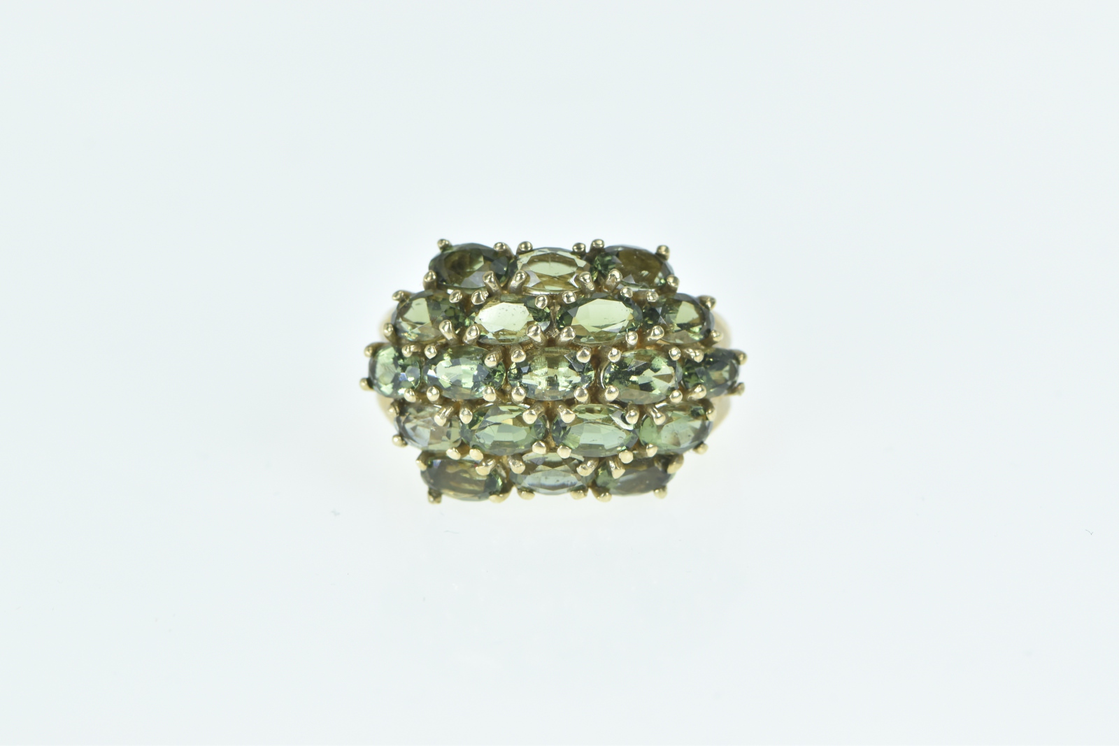 10K Oval Green Tourmaline Domed Cluster Yellow Gold Ring, Size 5