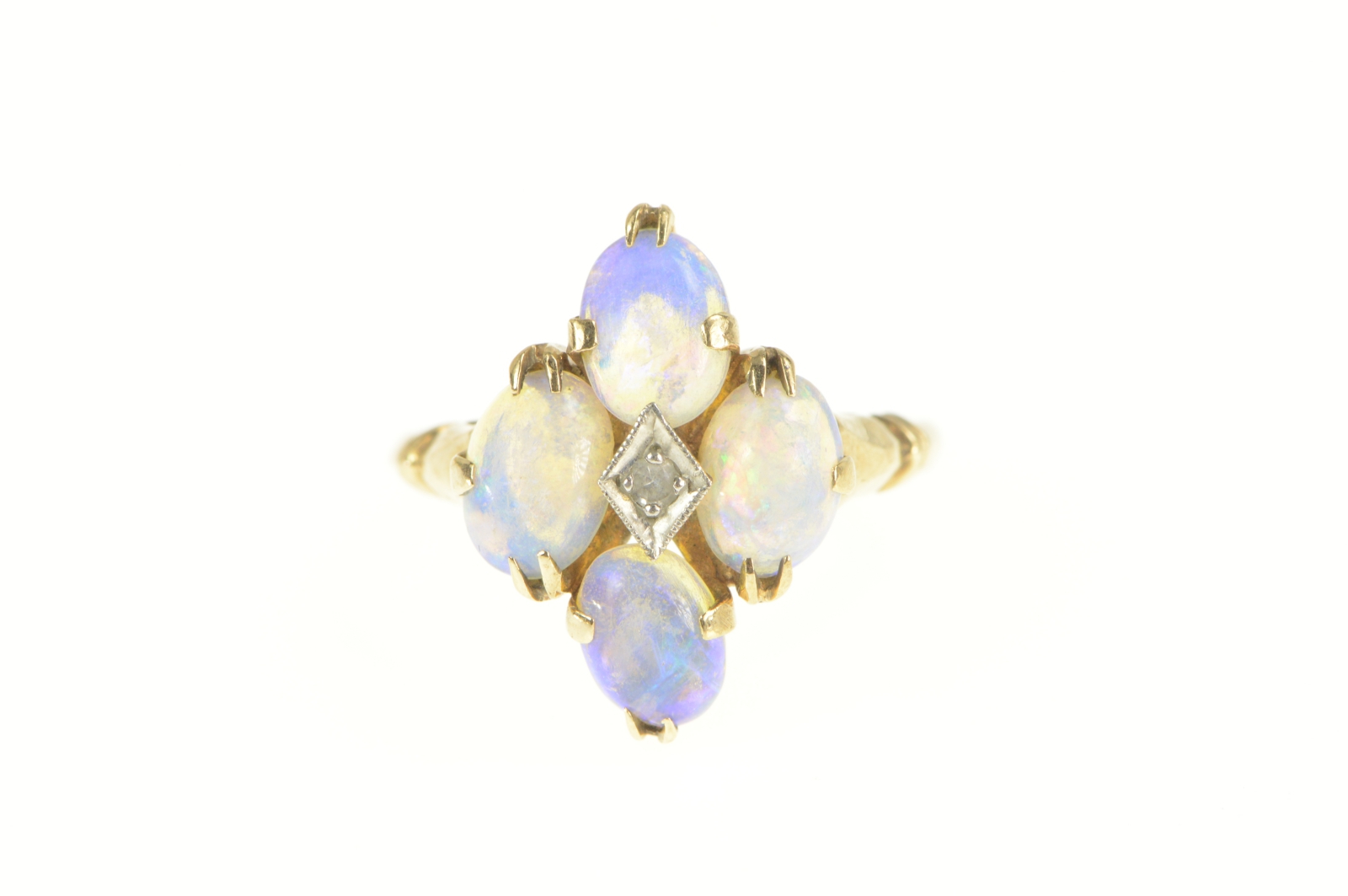 10K Oval Opal Cabochon Diamond Cocktail Yellow Gold Ring, Size 5