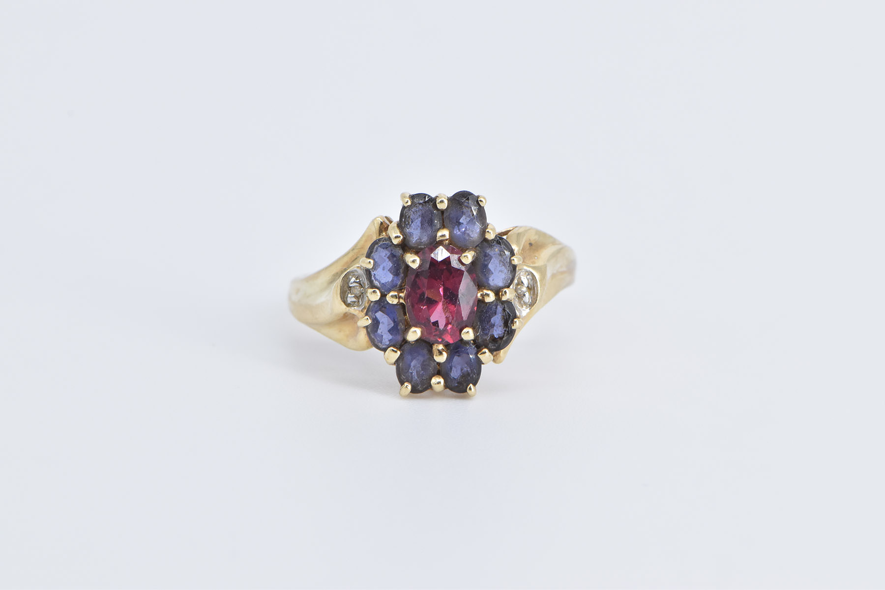 10K Oval Pink Tourmaline Amethyst Halo Diamond Yellow Gold Ring, Size 9