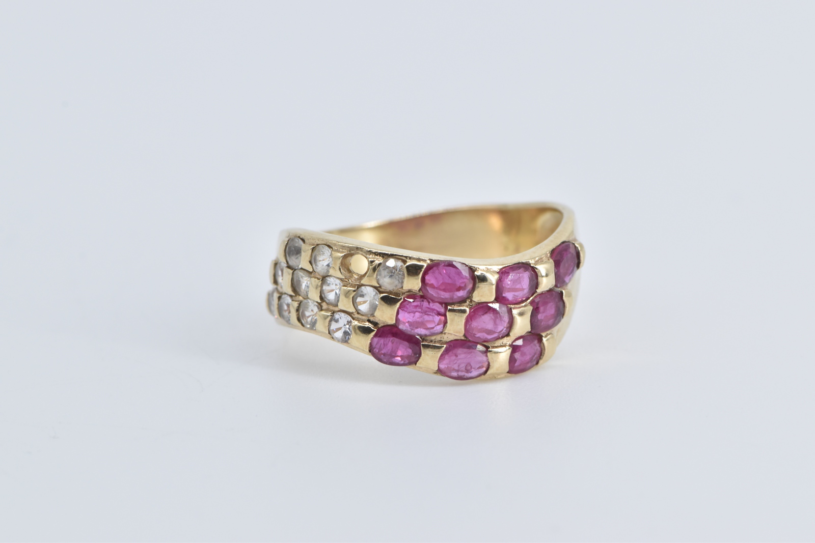 10K Oval Ruby Layered Wavy White Sapphire Band Yellow Gold Ring, Size 8.75