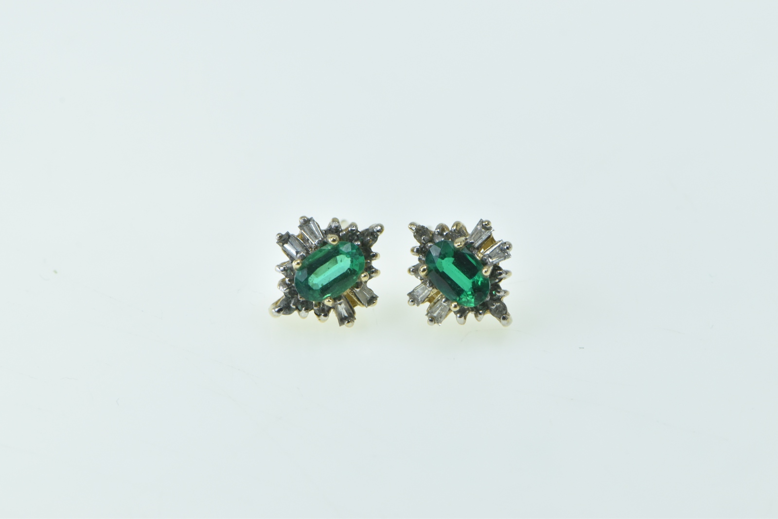 10K Oval Syn. Emerald Diamond Halo Statement Stud Yellow Gold Earrings