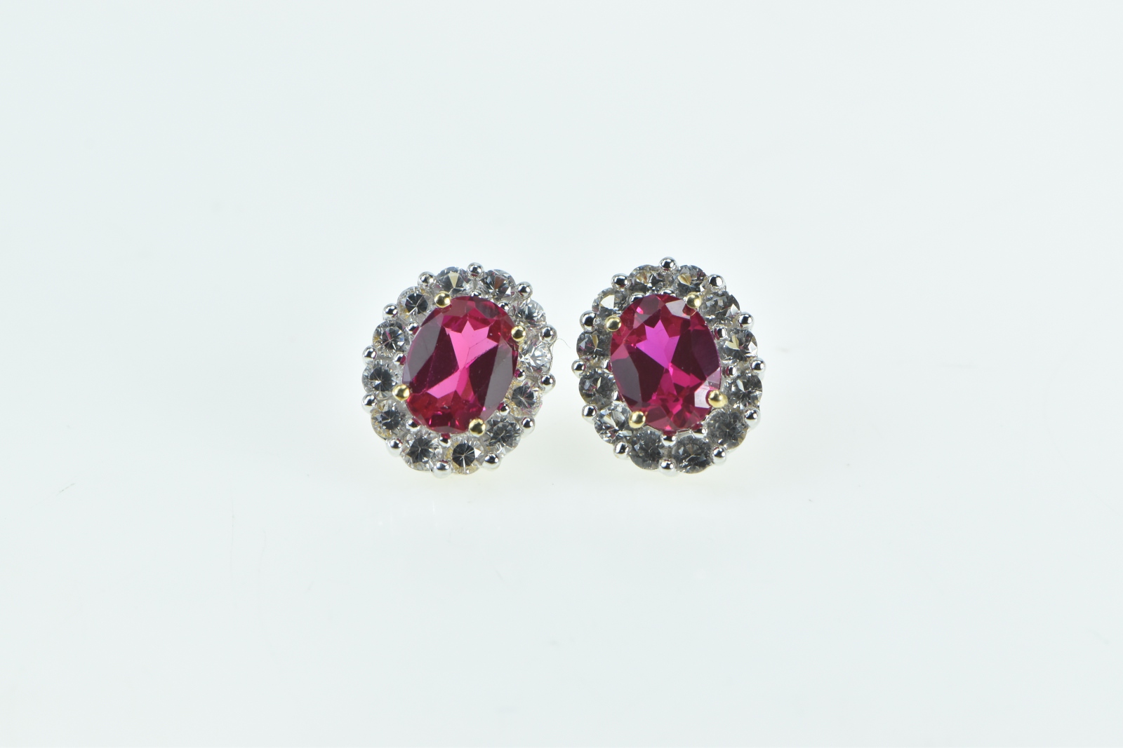 10K Oval Syn. Ruby White Sapphire Halo Vintage Stud Yellow Gold Earrings