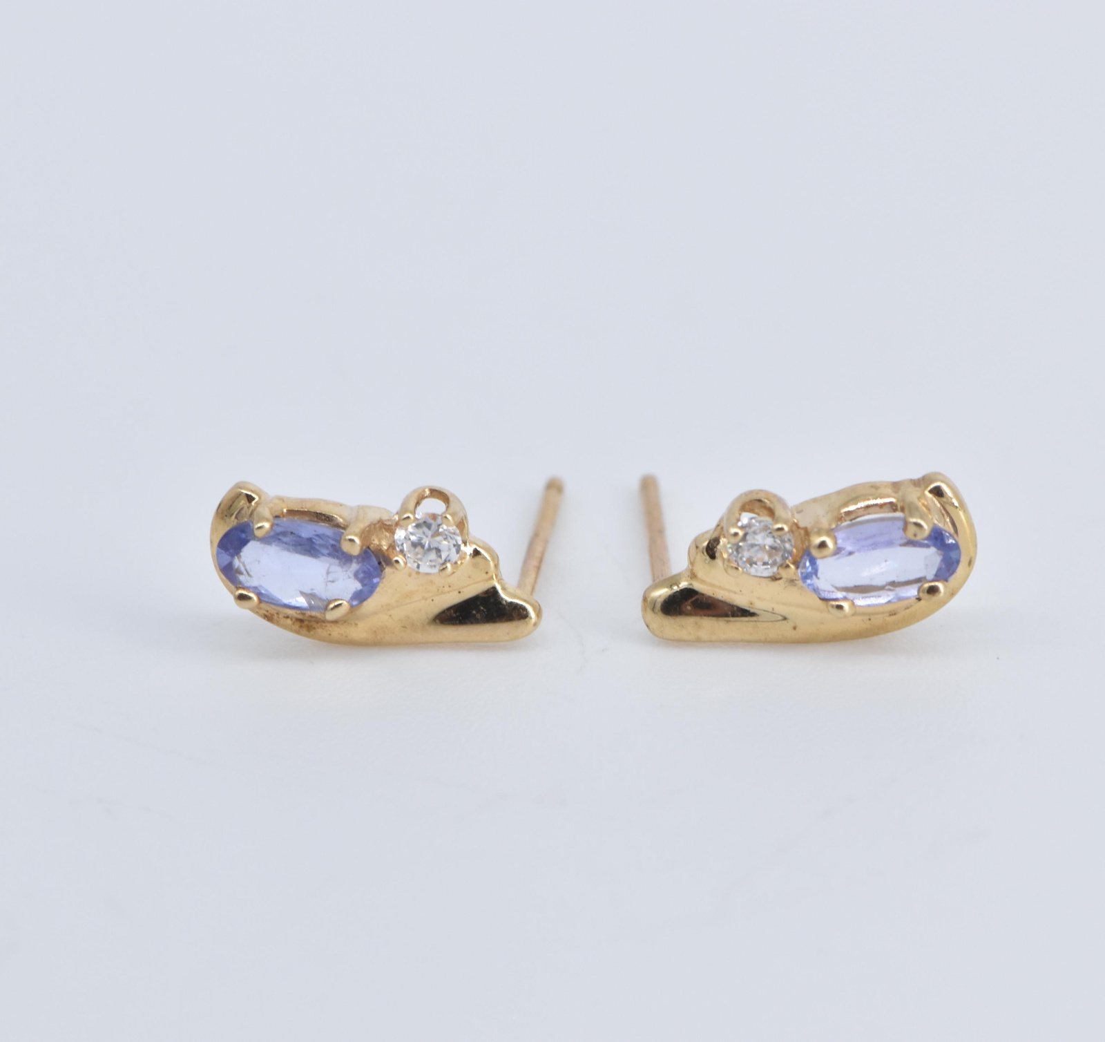10K Oval Tanzanite CZ Accent Curved Stud Yellow Gold Earrings