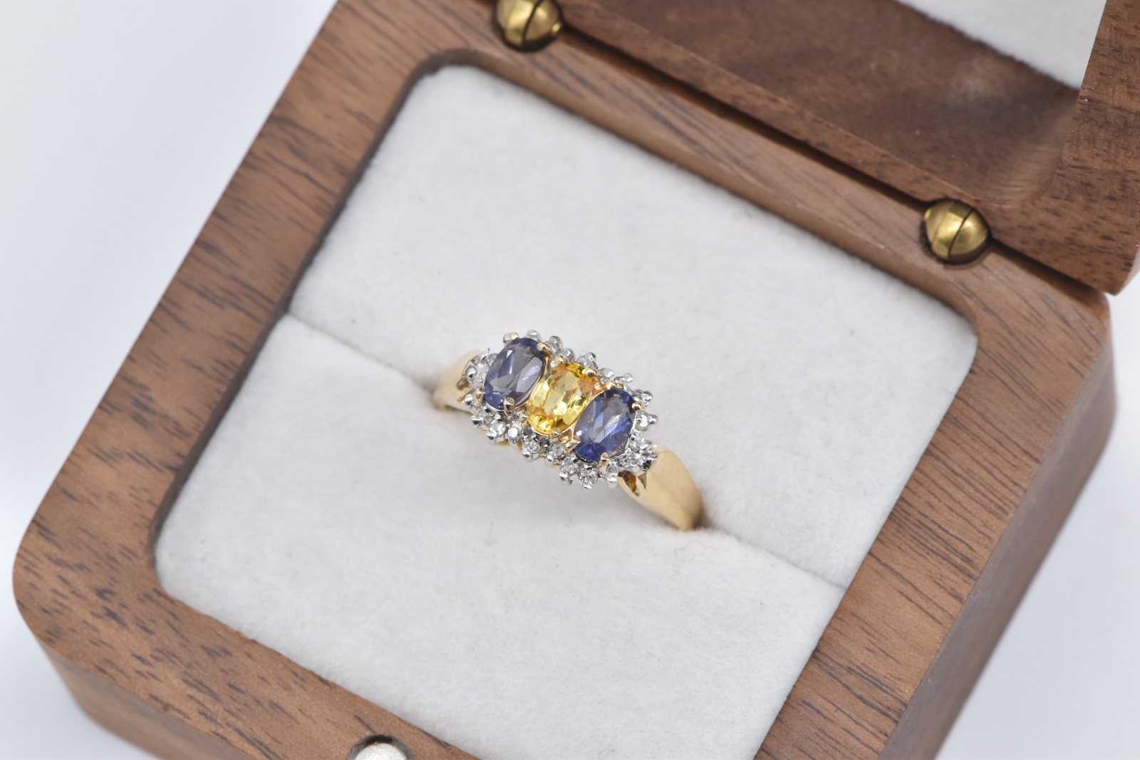 10K Oval Yellow Sapphire Tanzanite Diamond Halo Yellow Gold Ring, Size 6