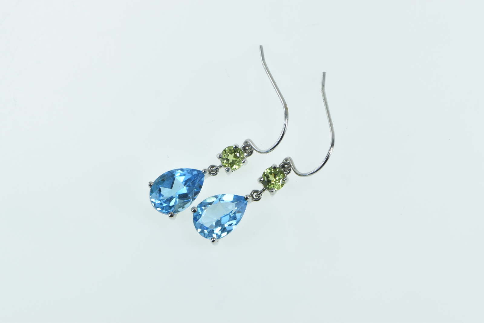10K Pear Blue Topaz Peridot Dangle Statement White Gold Earrings