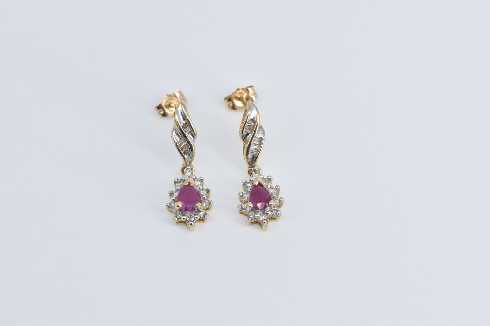 10K Pear Ruby Diamond Halo Dangle Fashion Yellow Gold Earrings