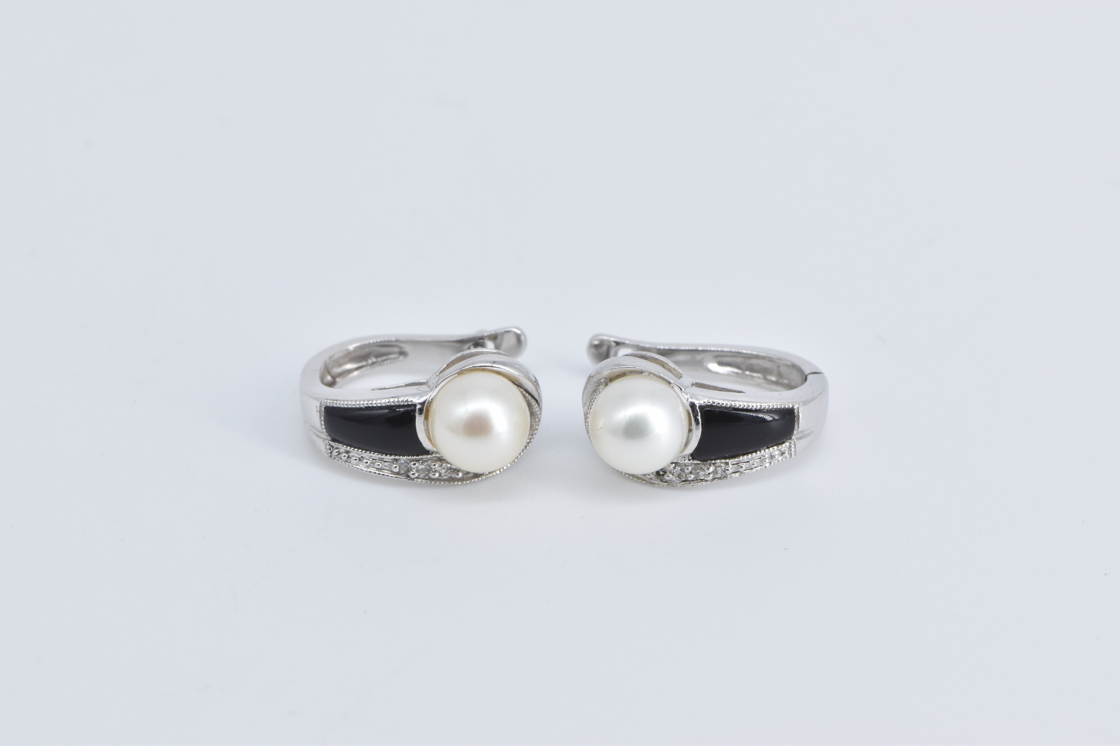 10K Pearl Black Onyx Diamond Hoop Statement White Gold Earrings