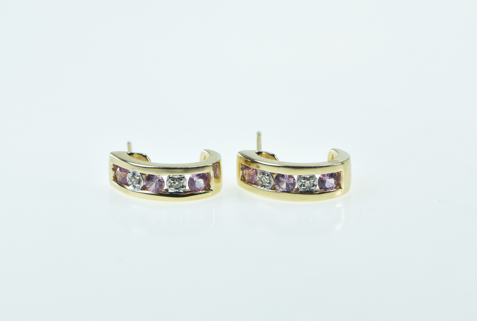 10K Pink Topaz Diamond Curved Bar Semi Hoop Yellow Gold Earrings