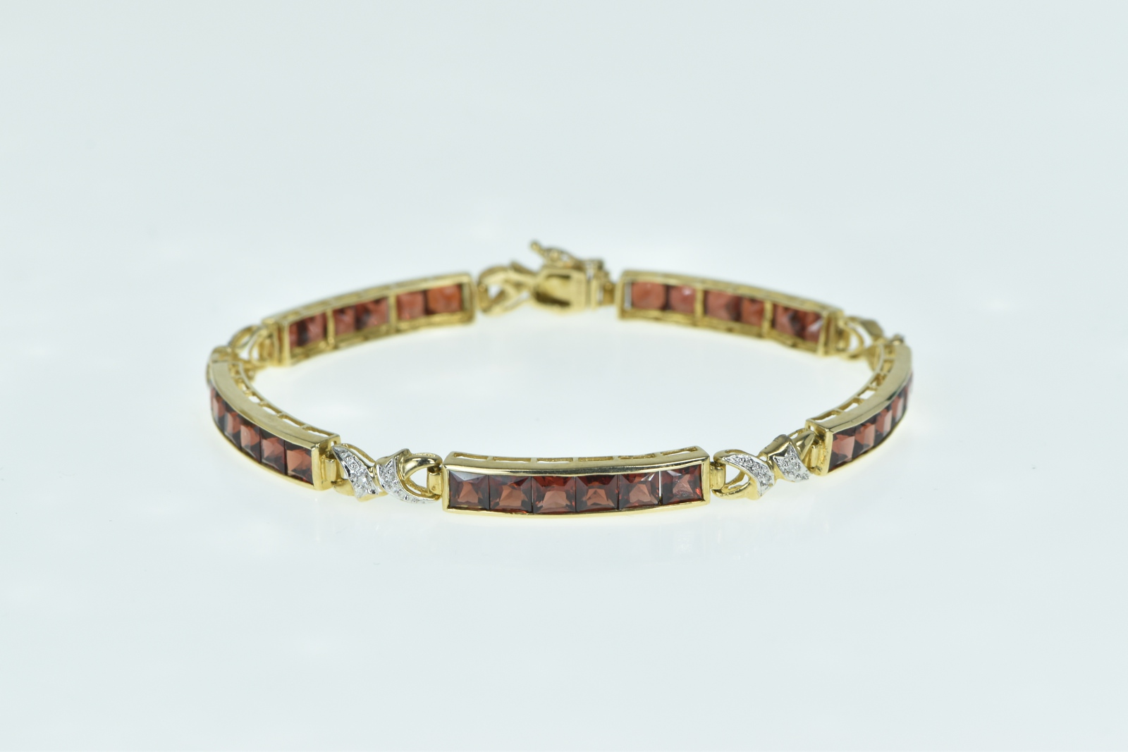 10K Princess Garnet Diamond X Link Bar Tennis Yellow Gold Bracelet 6.75"
