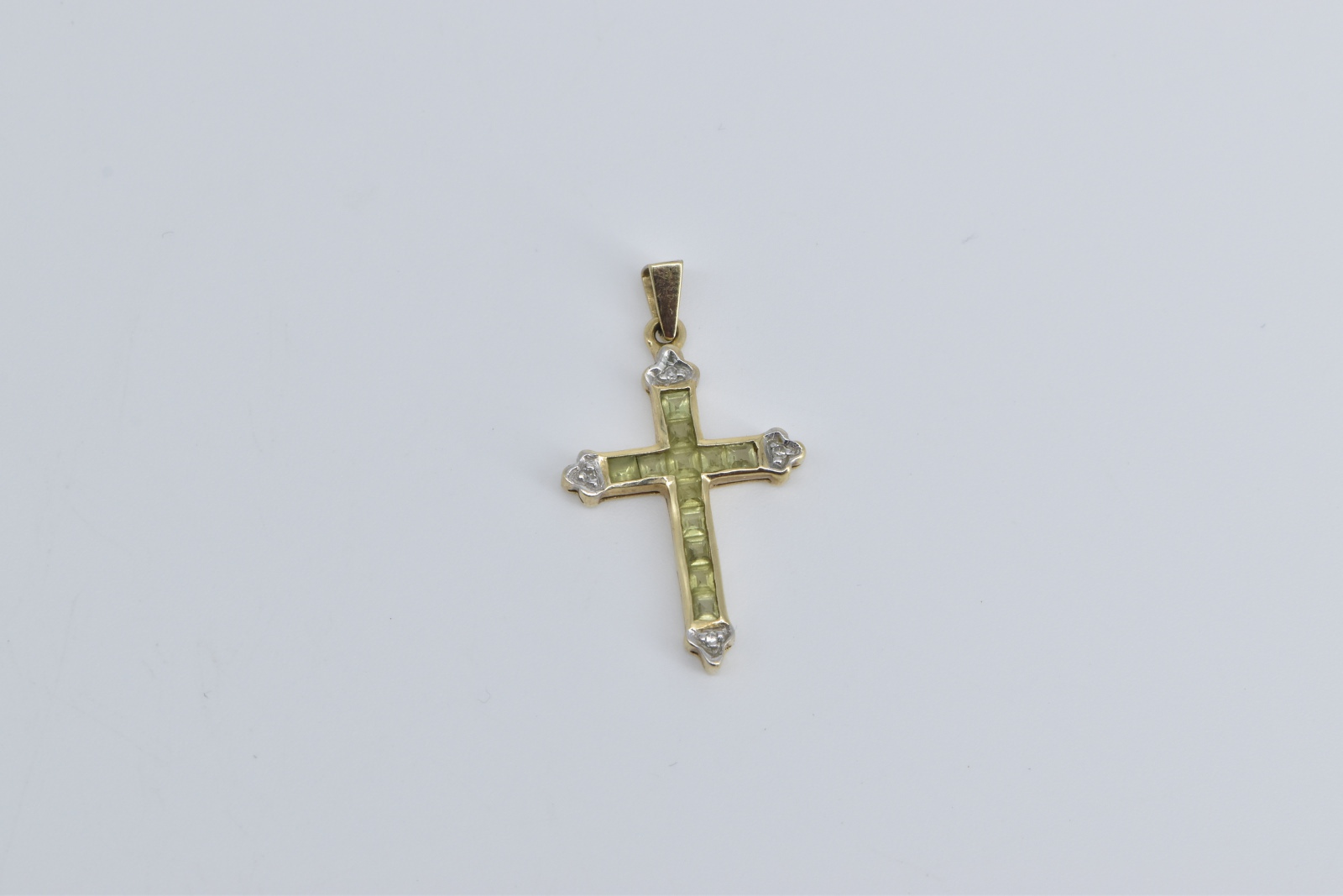 10K Princess Peridot Diamond Cross Christian Faith Yellow Gold Pendant
