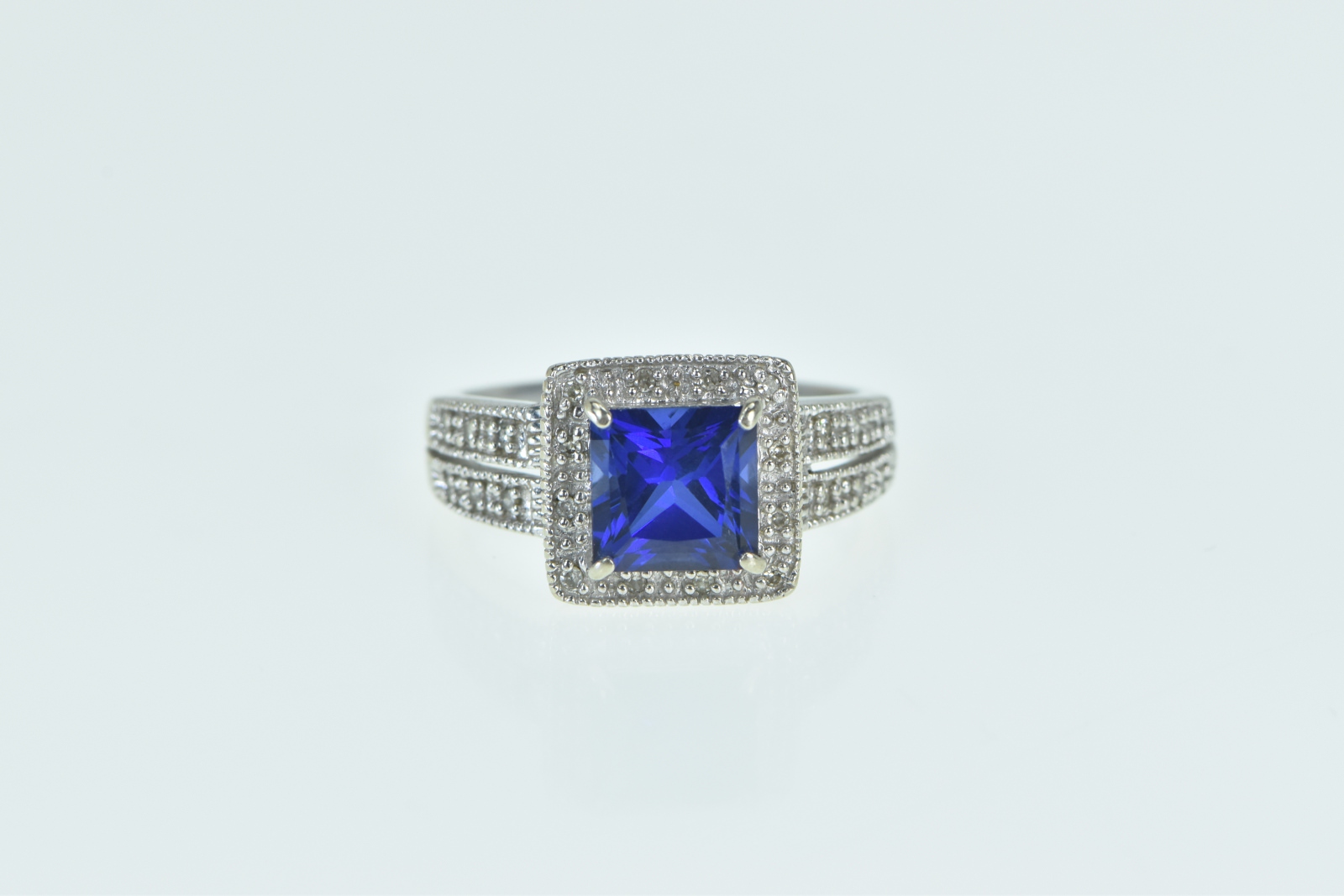 10K Princess Syn. Sapphire Diamond Halo Statement White Gold Ring, Size 6.75