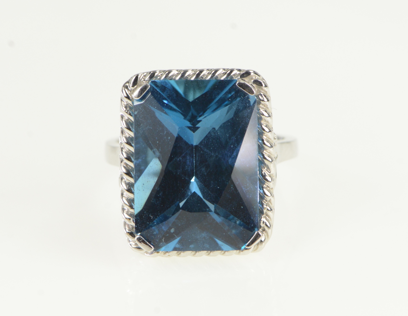10K Radiant Cut Blue Topaz Ornate Cocktail White Gold Ring, Size 8