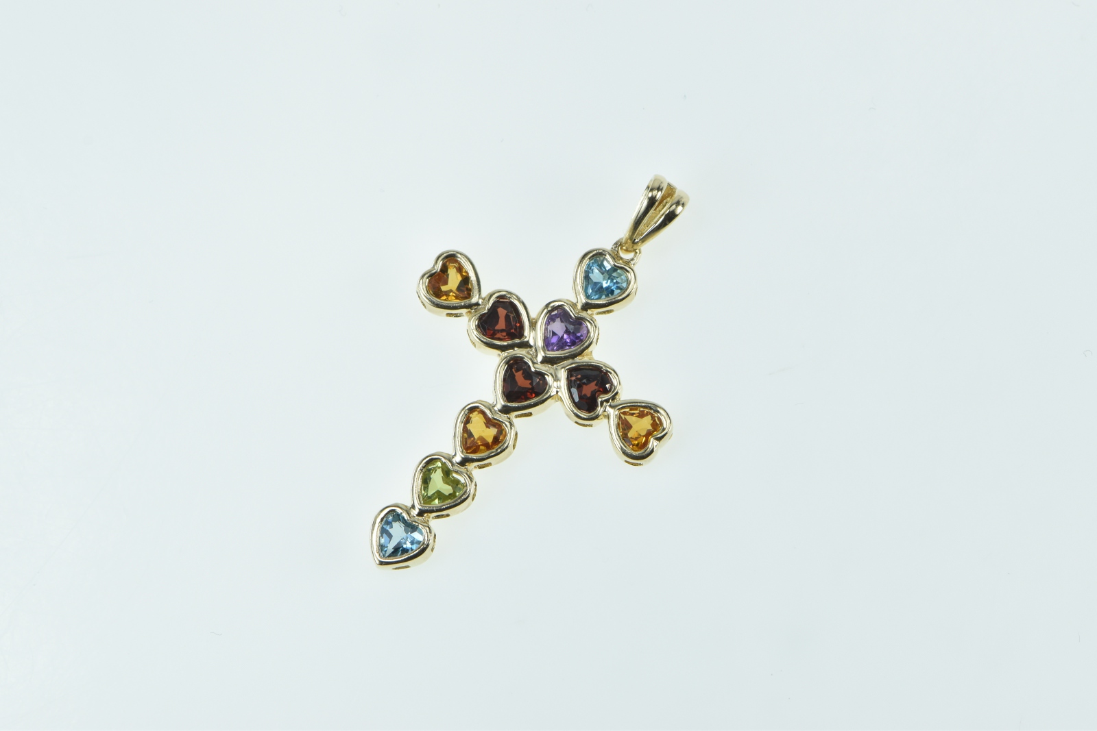 10K Rainbow Heart Gemstone Cross Christian Yellow Gold Pendant