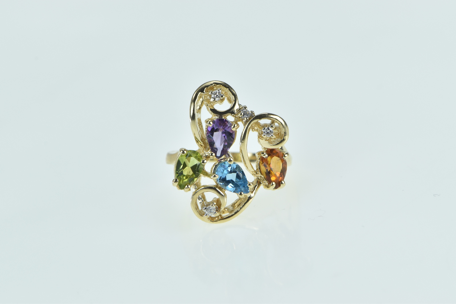 10K Rainbow Pear Diamond Cluster Swirl Statement Yellow Gold Ring, Size 5
