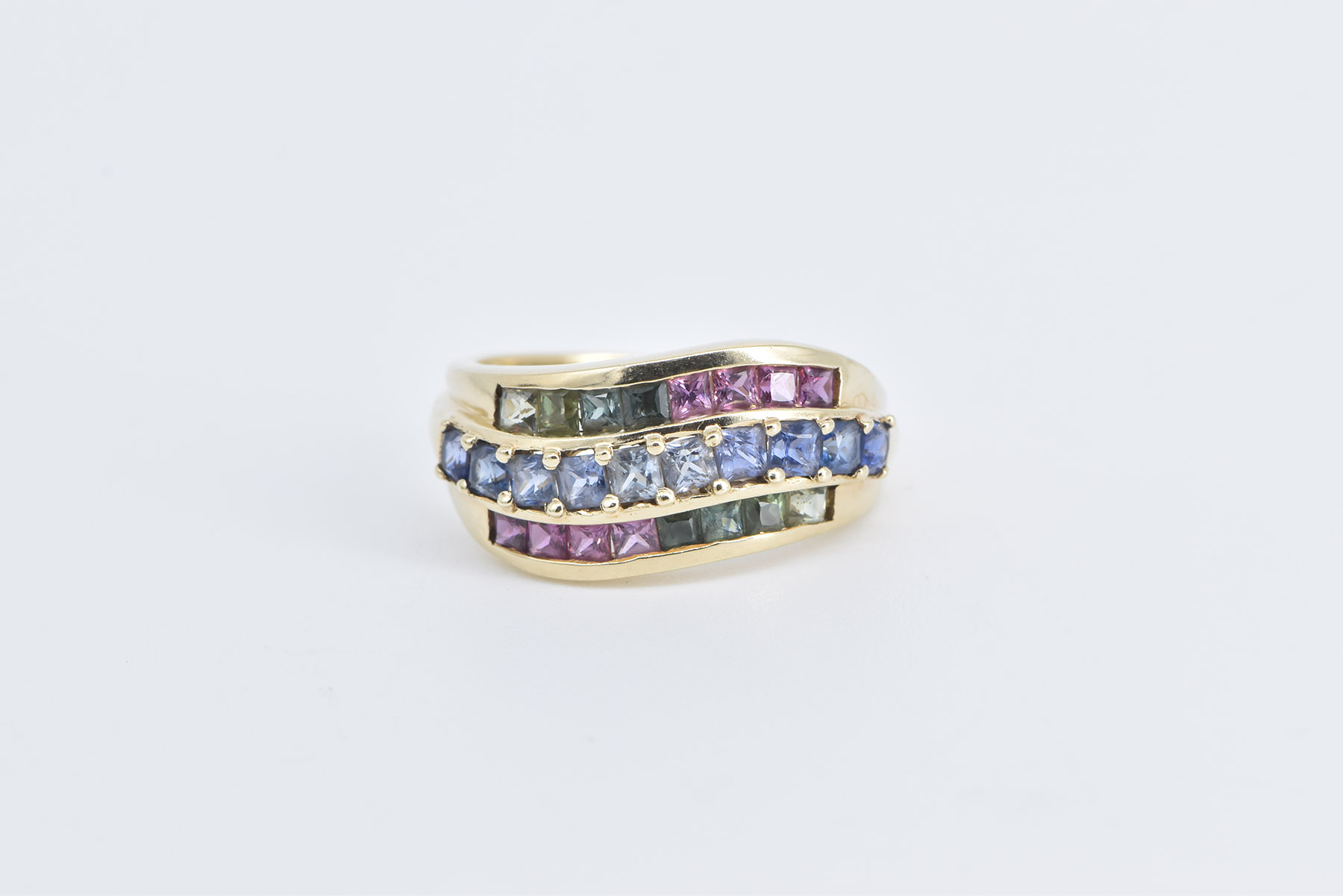 10K Rainbow Syn. Sapphire Wavy Statement Band Yellow Gold Ring, Size 7