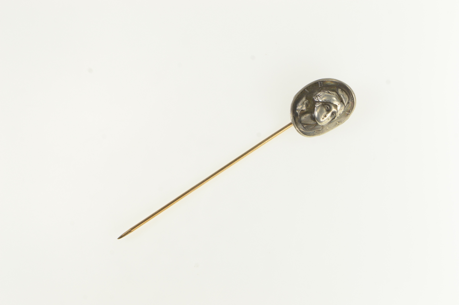 10K Repousse Coin Face Mercury Dime Yellow Gold Stick Pin