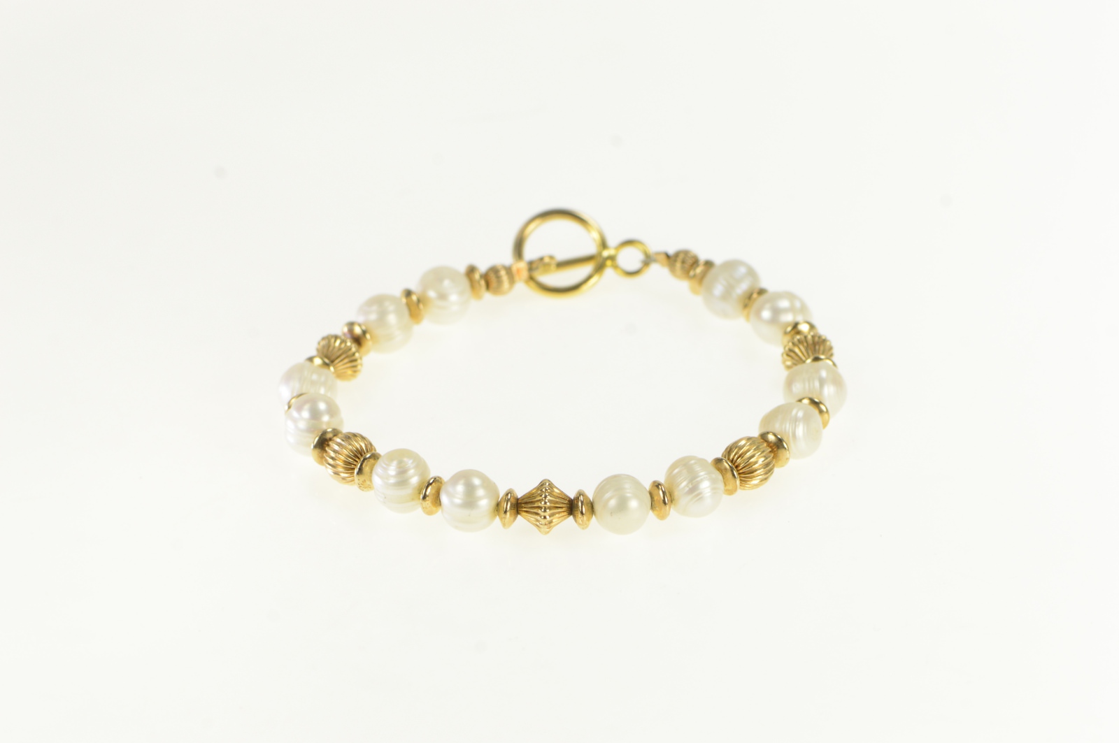 10K Retro Vintage Pearl Ornate Toggle Clasp Yellow Gold Bracelet 6.5"