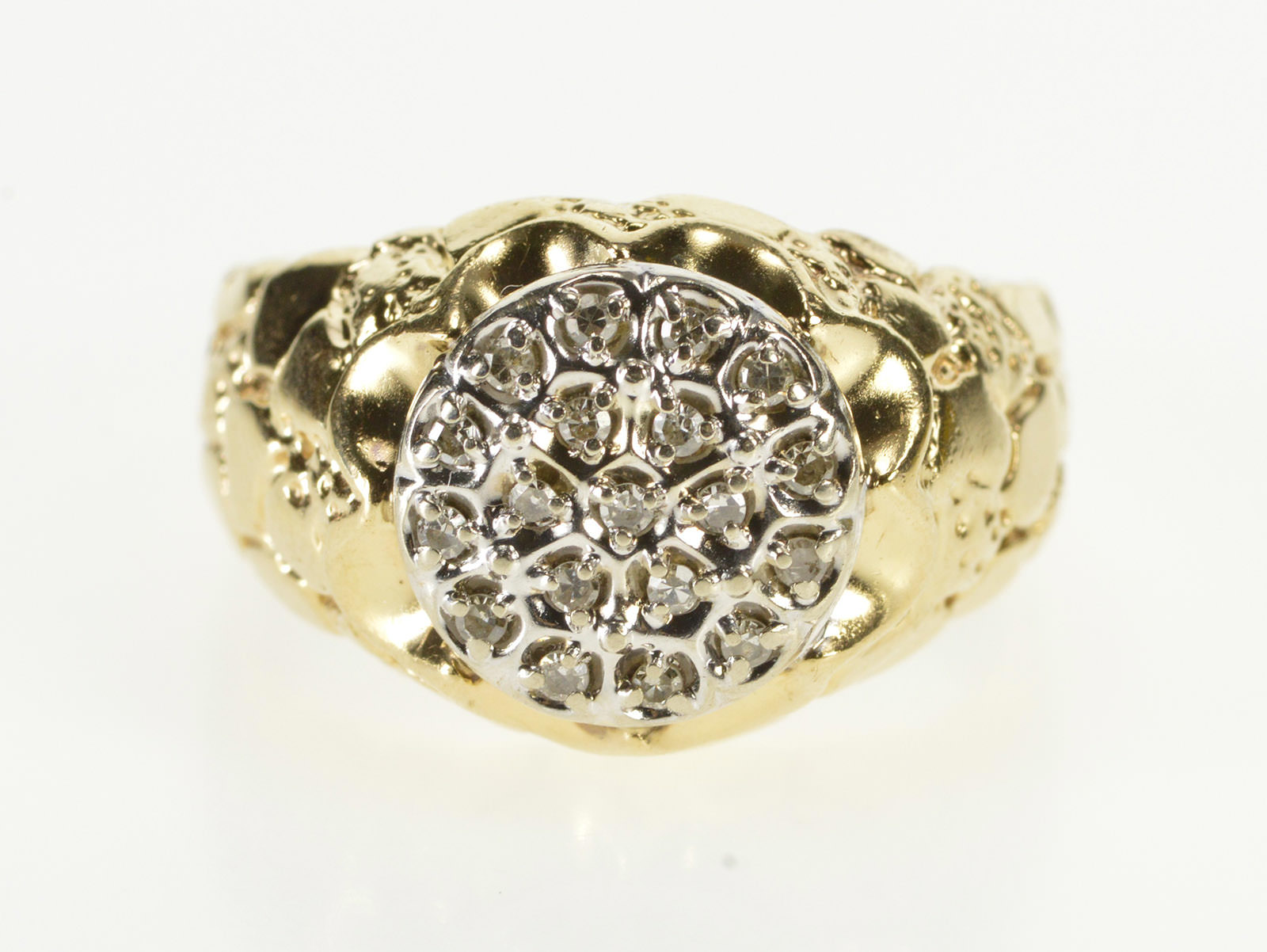 10K Round Diamond Cluster Textured Nugget Men's Yellow Gold Ring, Size ...