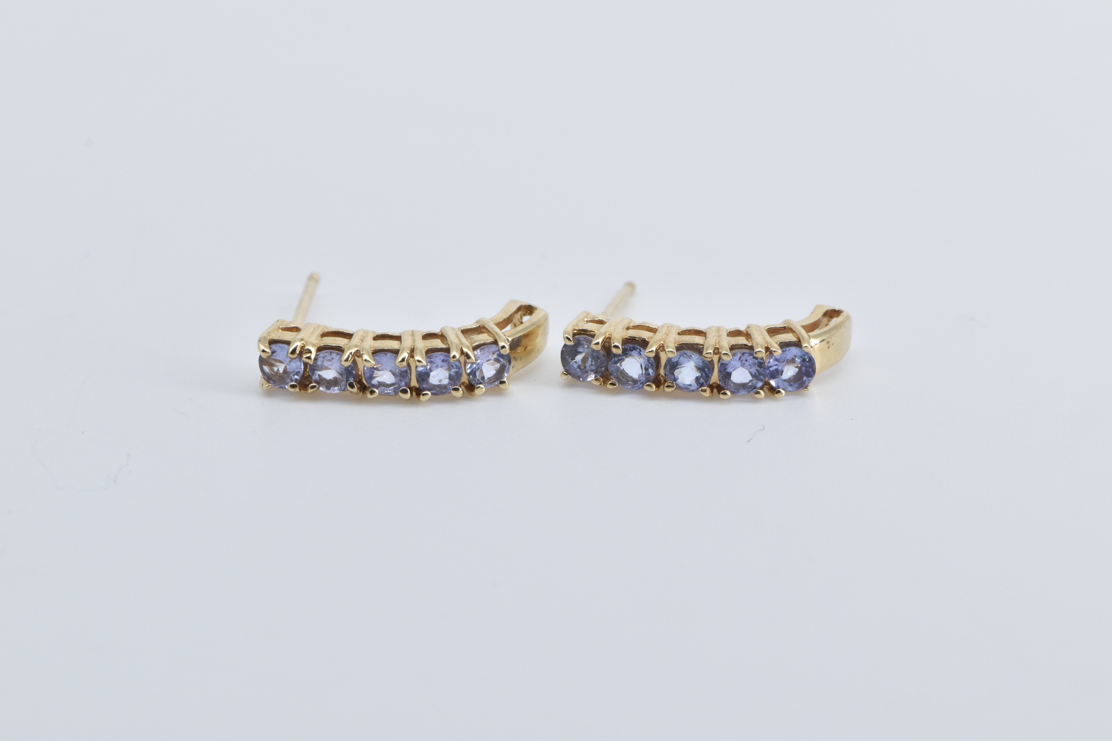 10K Round Tanzanite Curved Bar Dangle Stud Yellow Gold Earrings