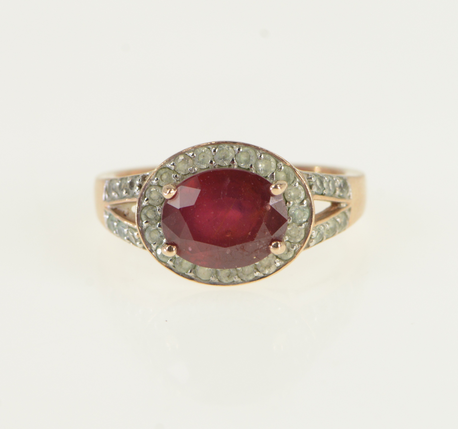 10K Ruby White Sapphire Halo Engagement Rose Gold Ring, Size 8.25
