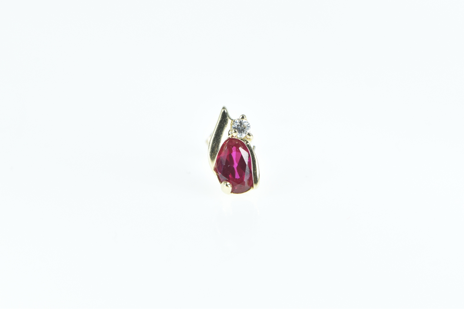 10K Single Oval Syn. Ruby Diamond Accent Stud Yellow Gold Earring