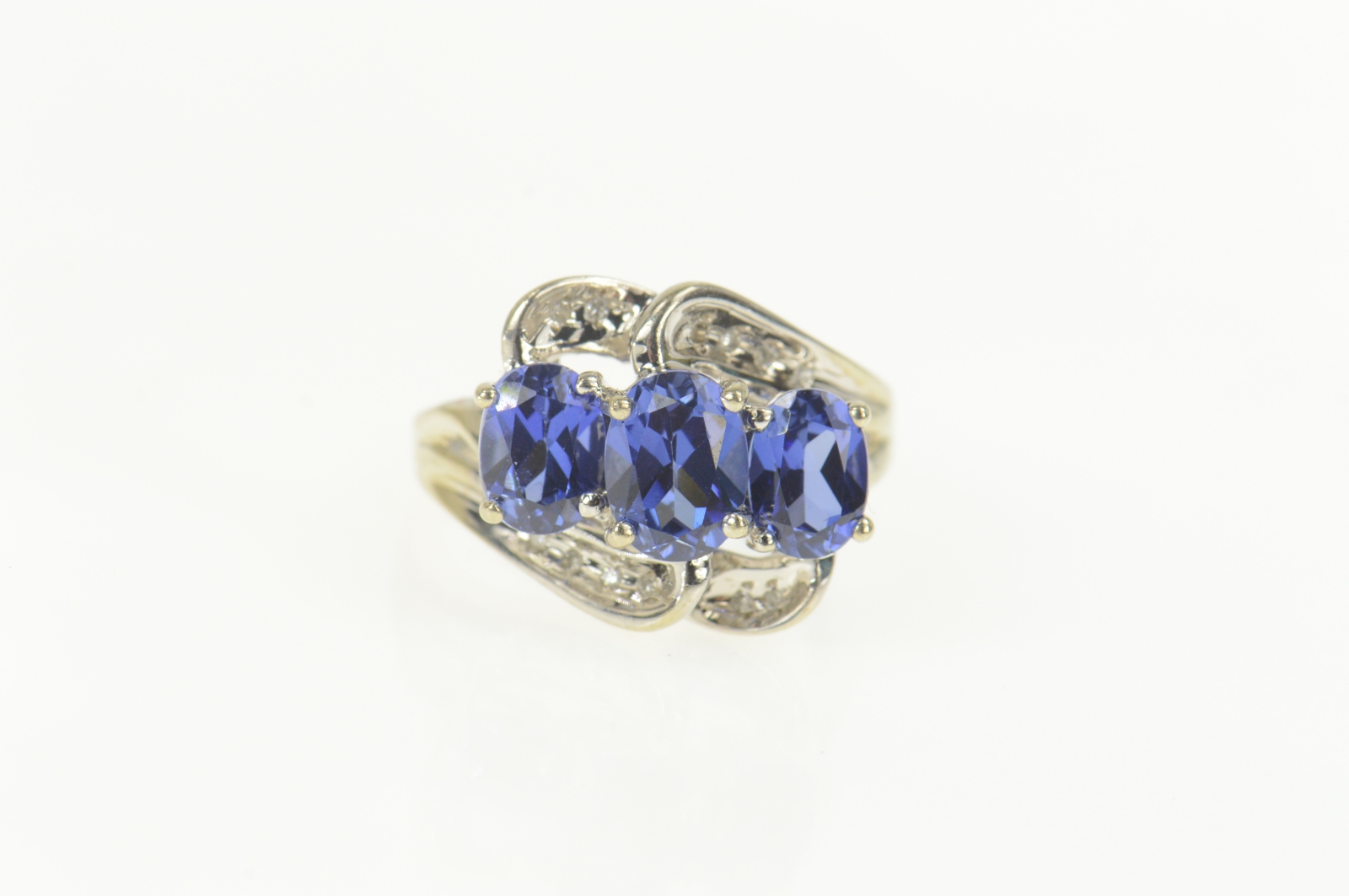 10K Three Stone Iolite Diamond Wavy Engagement White Gold Ring, Size 7
