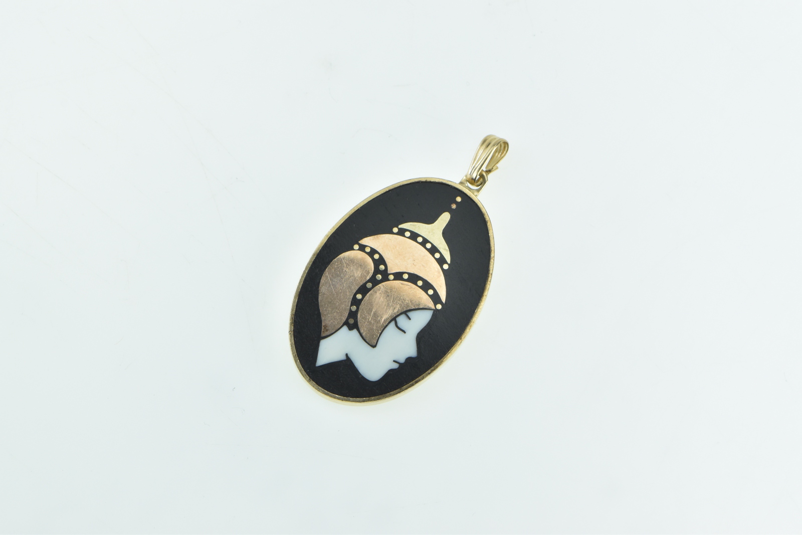 10K Tibetan Buddhist Black Onyx Enamel Gold Inlay Yellow Gold Pendant