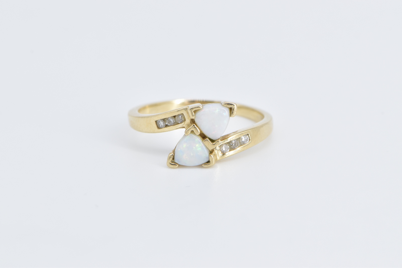 10K Trillion Syn. Opal Diamond Vintage Bypass Yellow Gold Ring, Size 7.75