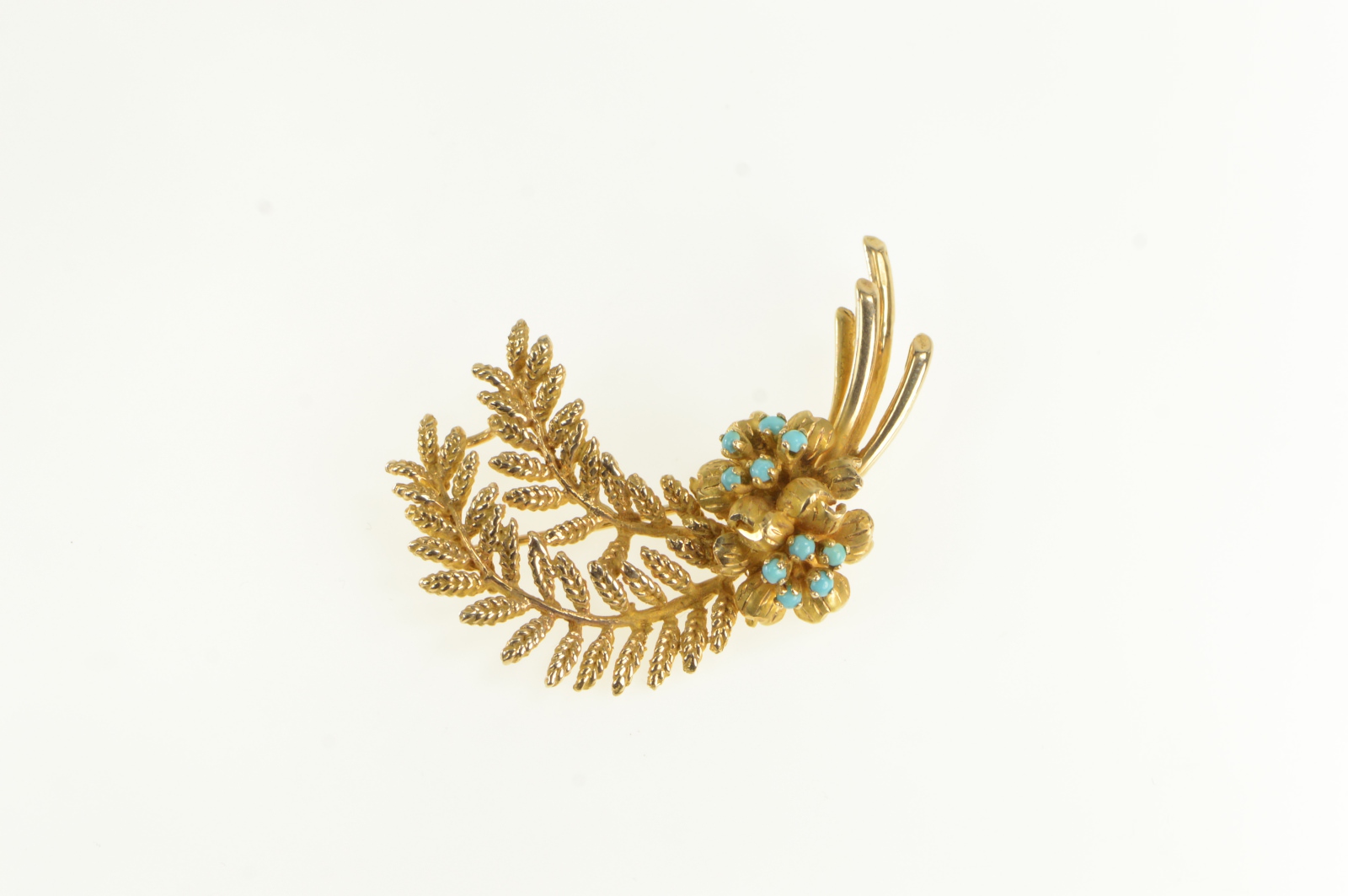 10K Turquoise Cluster Fern Leaf Sprig Retro Yellow Gold Pin/Brooch