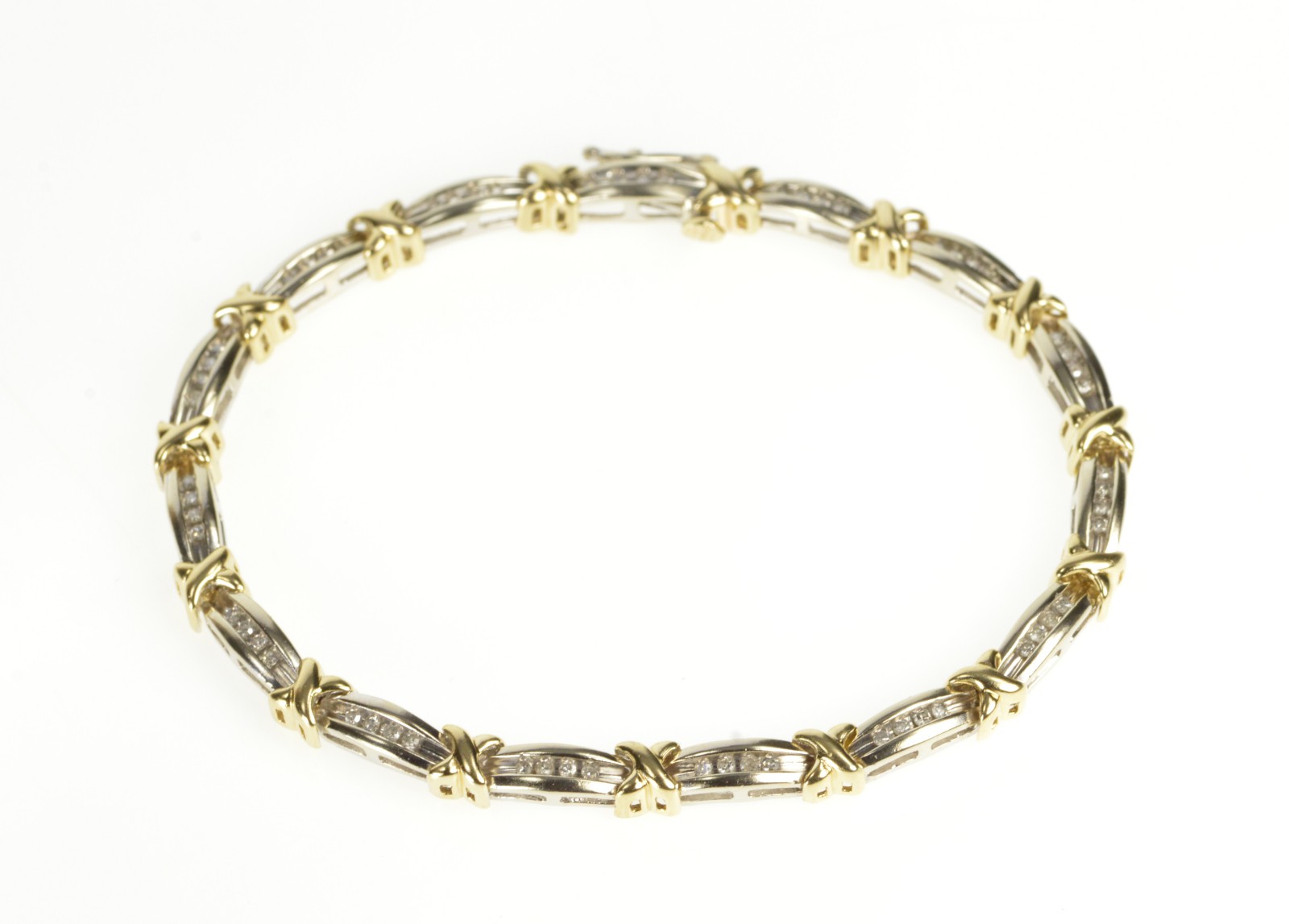 10K Two Tone Baguette Diamond X Bar Link Tennis White Gold Bracelet 7.5