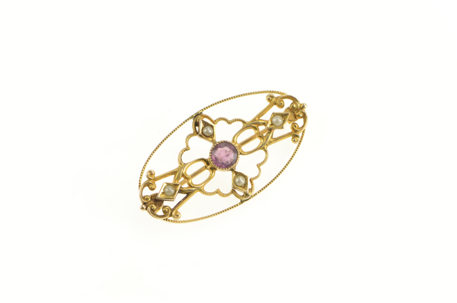 10K Victorian Amethyst Seed Pearl Oval Filigree Yellow Gold Pin/Brooch