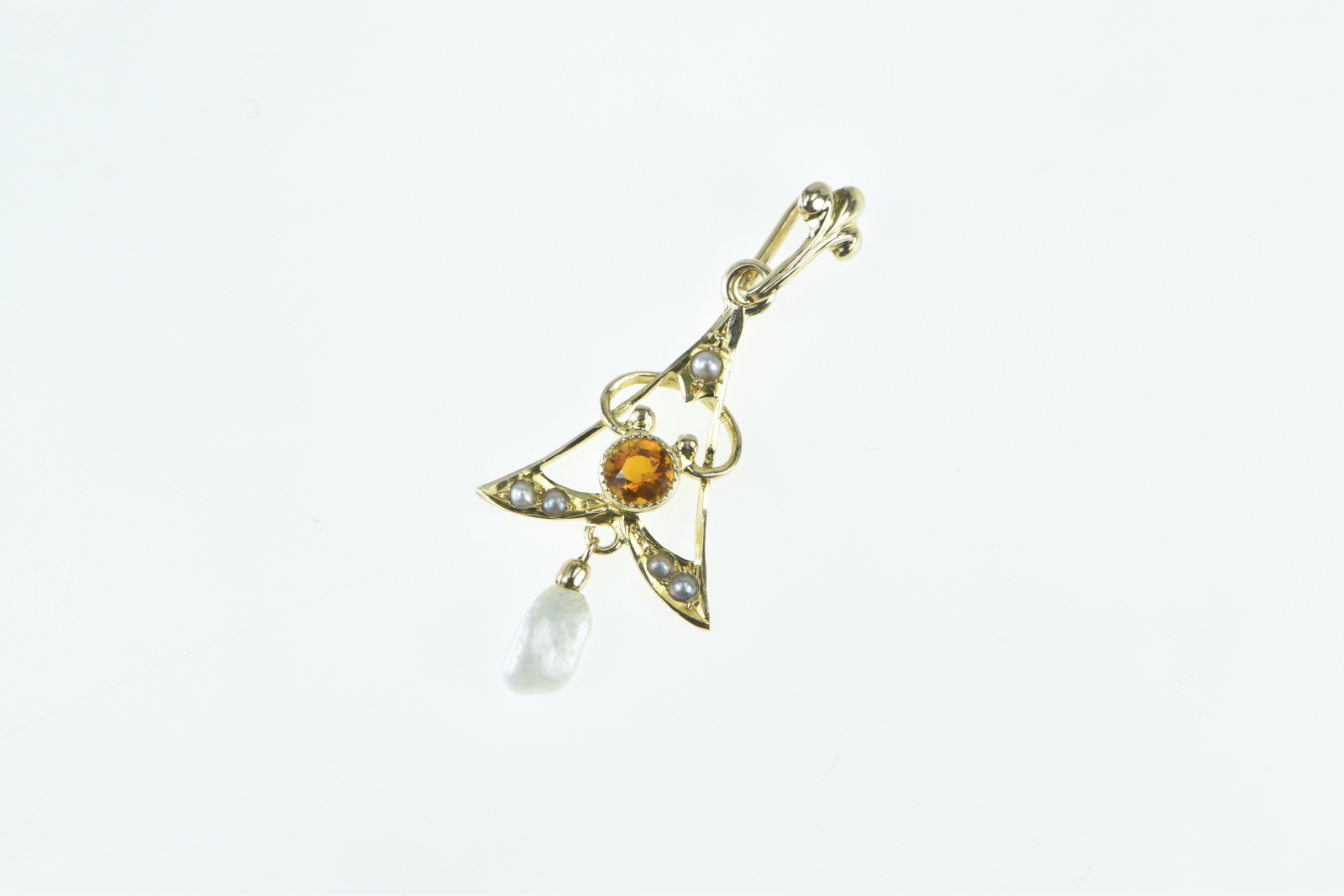 10K Victorian Citrine Pearl Dangle Ornate Drop Yellow Gold Pendant