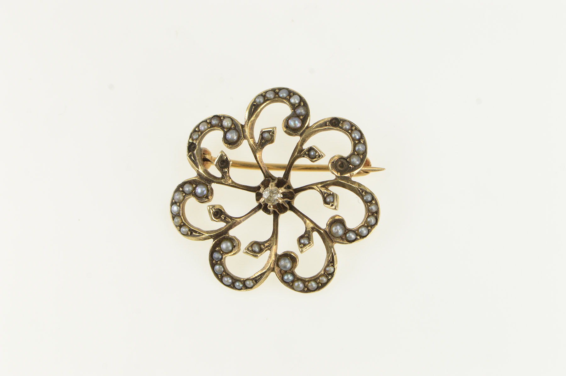 10K Victorian Diamond Seed Pearl Ornate Yellow Gold Pin/Brooch