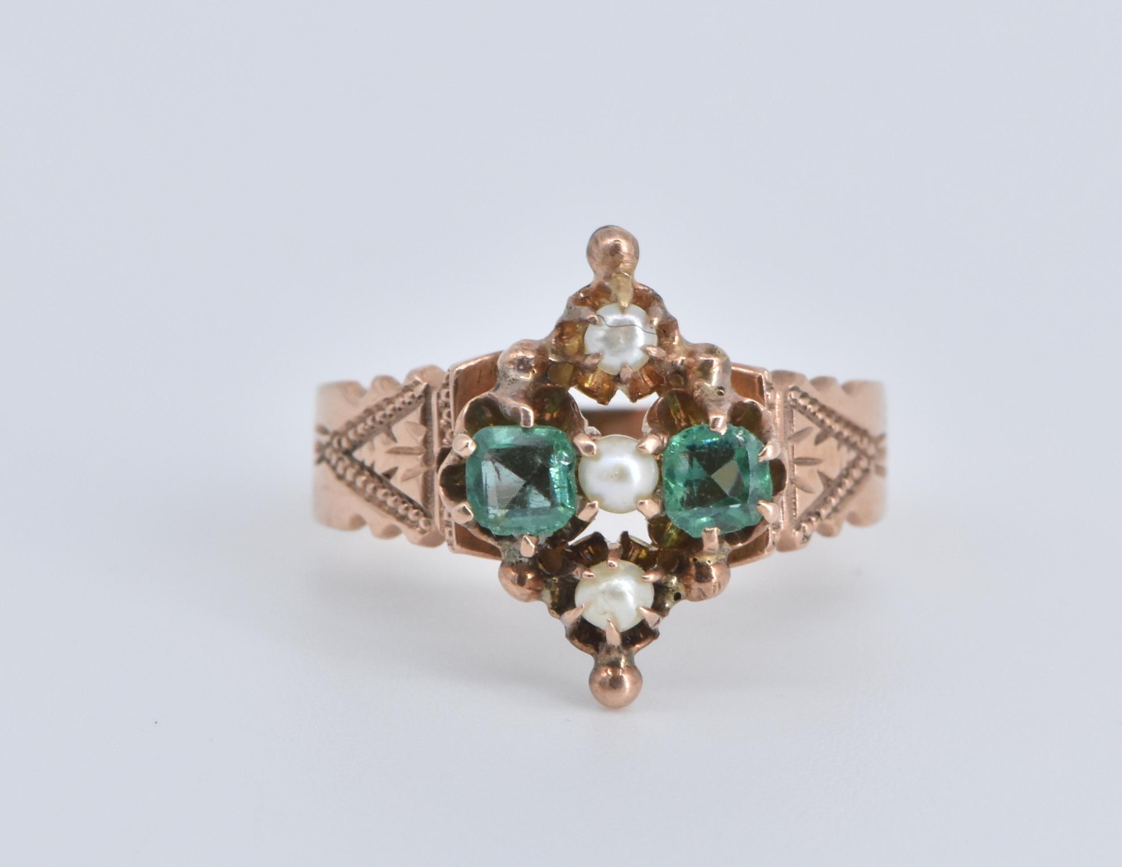 10K Victorian Natural Emerald Seed Pearl Ornate Rose Gold Ring, Size 5