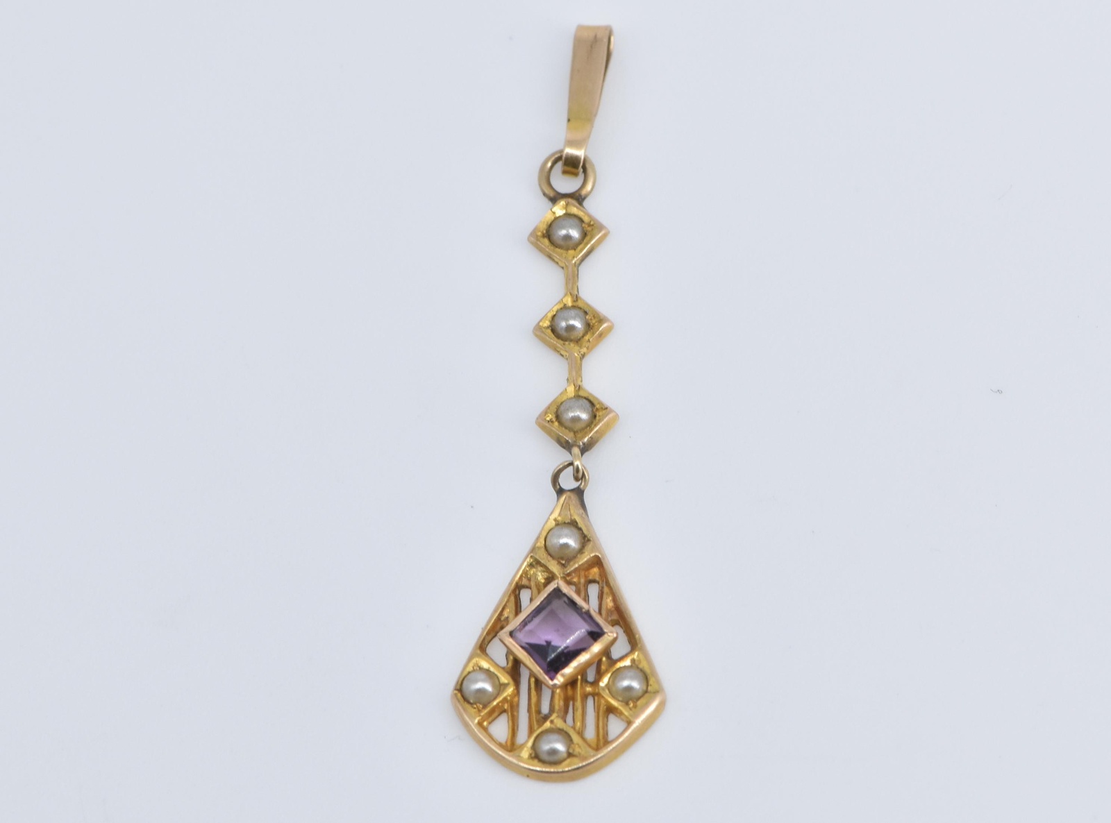 10K Victorian Seed Pearl Amethyst Ornate Drop Yellow Gold Pendant