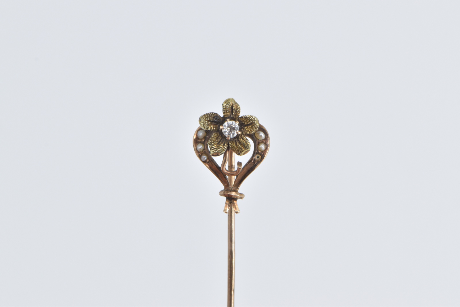 10K Victorian Seed Pearl Diamond Flower Daisy Yellow Gold Stick Pin