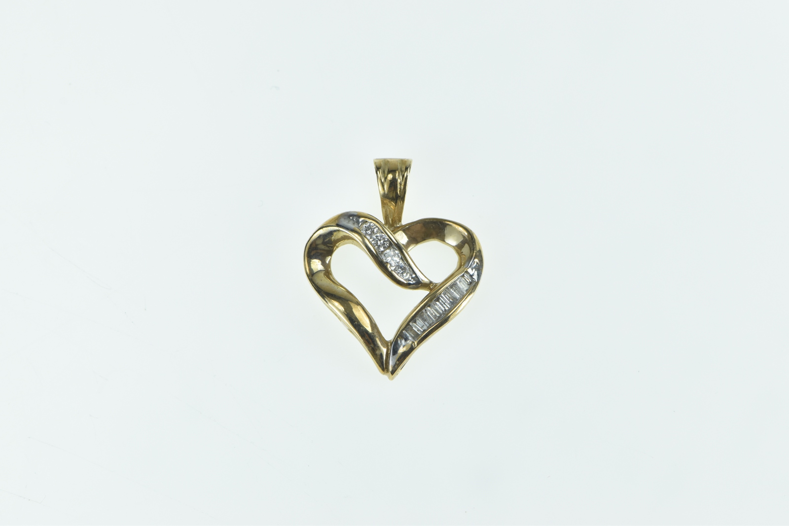10K Vintage Baguette Diamond Loop Heart Love Yellow Gold Pendant