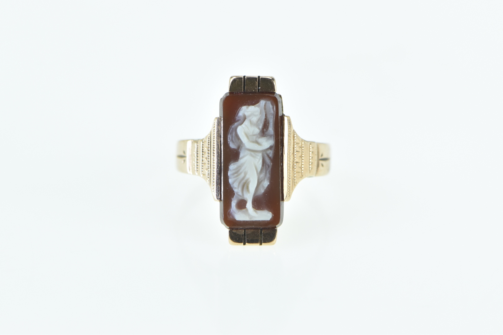 10K Vintage Carved Carnelian Cameo Lady in a Dress Yellow Gold Ring, Size 4.5