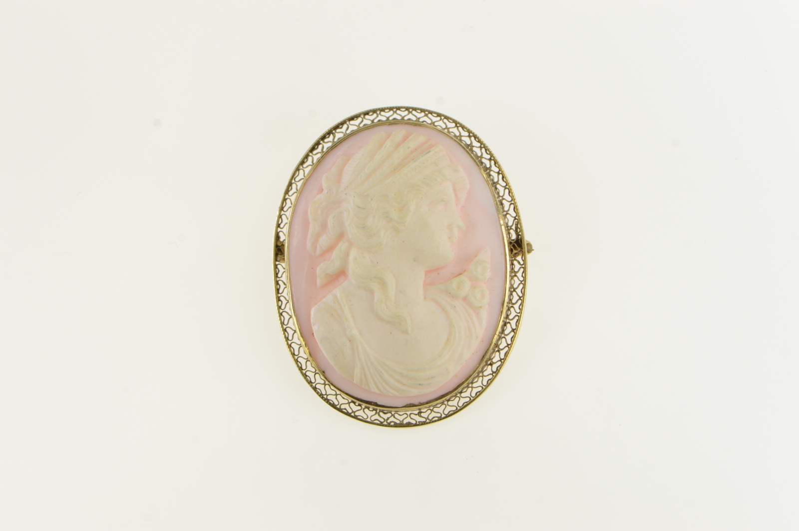 10K Vintage Carved Coral Lady Cameo Yellow Gold Pin/Brooch