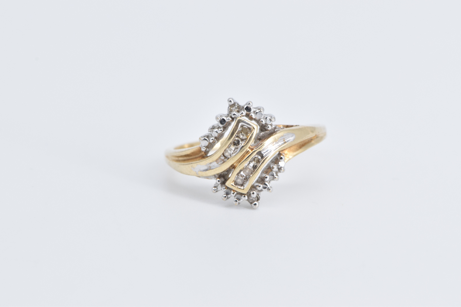 10K Vintage Diamond Freeform Bypass Statement Yellow Gold Ring, Size 7